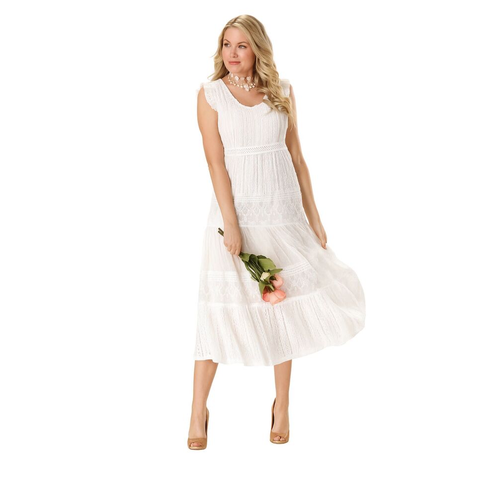 The Pyramid Collection | Lacy Boho Cap Sleeve Tiered Midi Dress in Cream | XL